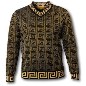 Prestige Black Gold Metallic Greek Key Geometric V-Neck Cardigan Sweater Sz 2XL
